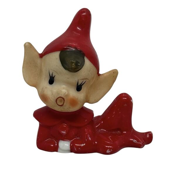 Vintage Red Pixie Elf Pointed Ears Ceramic Figurine Japan Mid Century Christmas - Picture 10 of 10